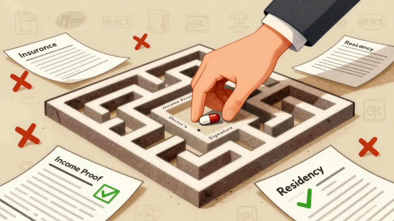 A hand navigating a maze of paperwork to reach a single pill, with rejected applications scattered around and one approved form glowing.