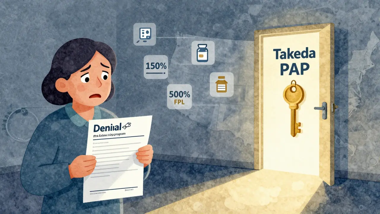 A Medicare recipient holding a denial letter while a glowing path leads to a patient assistance program door with a prescription key.