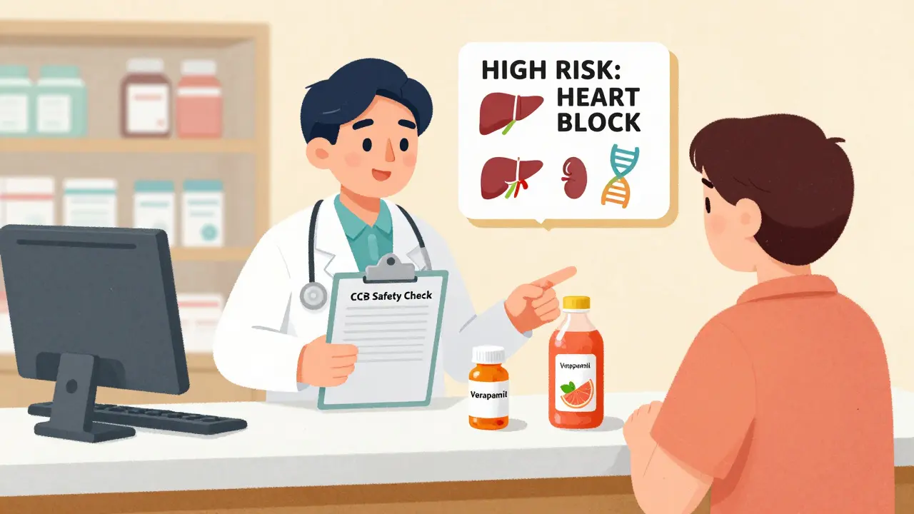 A pharmacist at a counter warning a patient about dangerous interactions between verapamil and grapefruit juice, with a safety alert displayed.