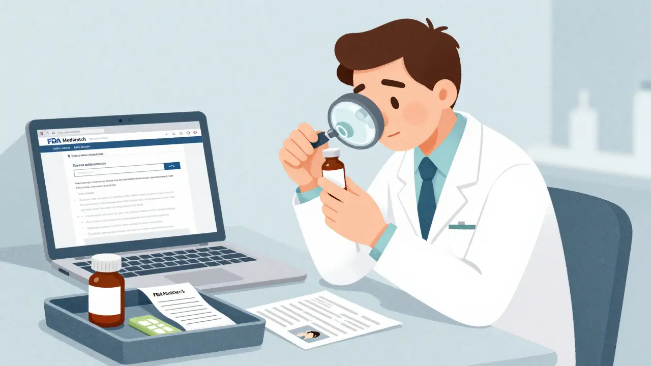 A pharmacist photographing a suspicious medication with evidence laid out on a table.