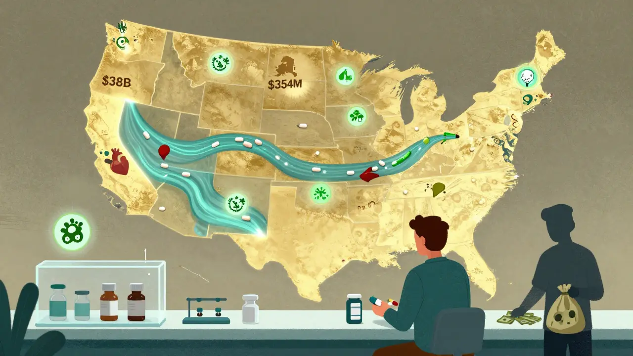 A U.S. map with glowing states showing drug savings, generic pills flowing between them, and a patient paying  at a pharmacy while a shadowy figure takes a cut.
