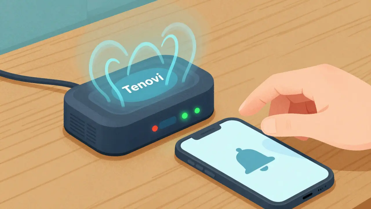 Cellular pillbox with indicator lights and phone notification icon