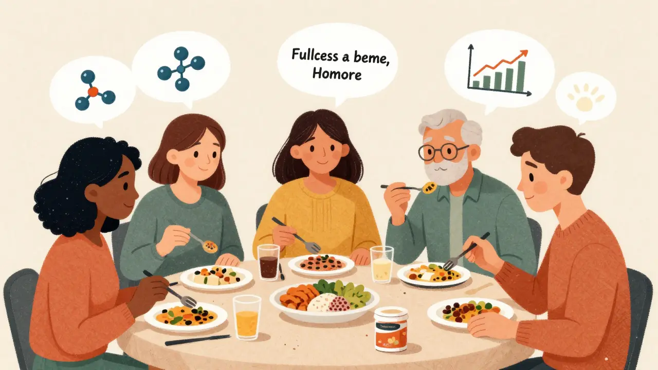 Diverse people eating varied high-protein meals with scientific icons floating above, including plant-based options.
