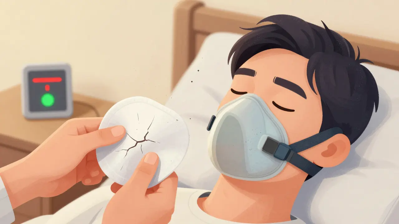 Hands replacing a worn CPAP mask cushion with a new one, leak meter showing improvement from red to green.