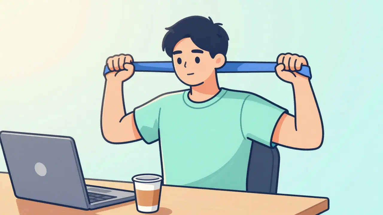 Person doing scapular retractions at desk with resistance band
