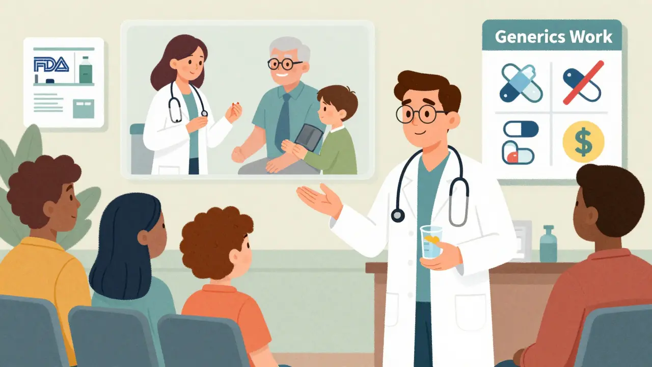 Pharmacist explains generics to a group of patients while a transparent image shows their own family using the same medication.