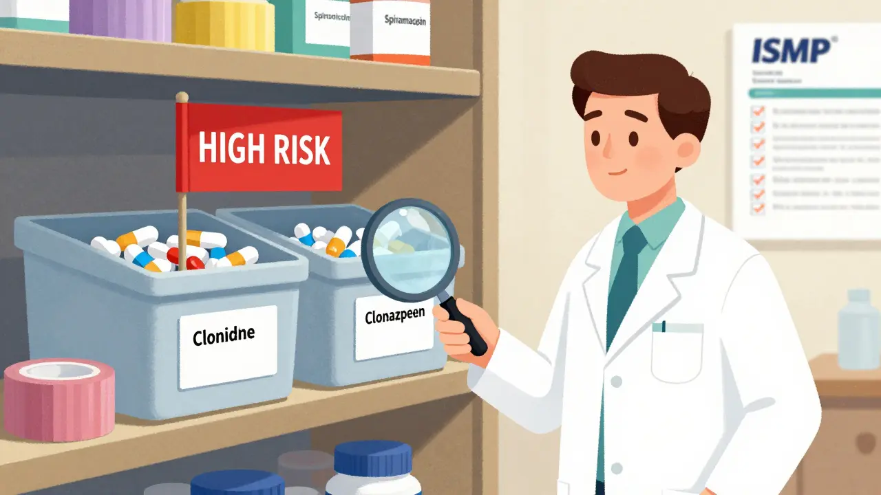 Pharmacist organizing medications with colored tape and labeled bins to separate look-alike drugs on a cluttered shelf.