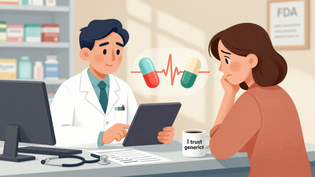 Pharmacist uses a tablet to display a side-by-side comparison of brand and generic pills with a bioequivalence graphic.
