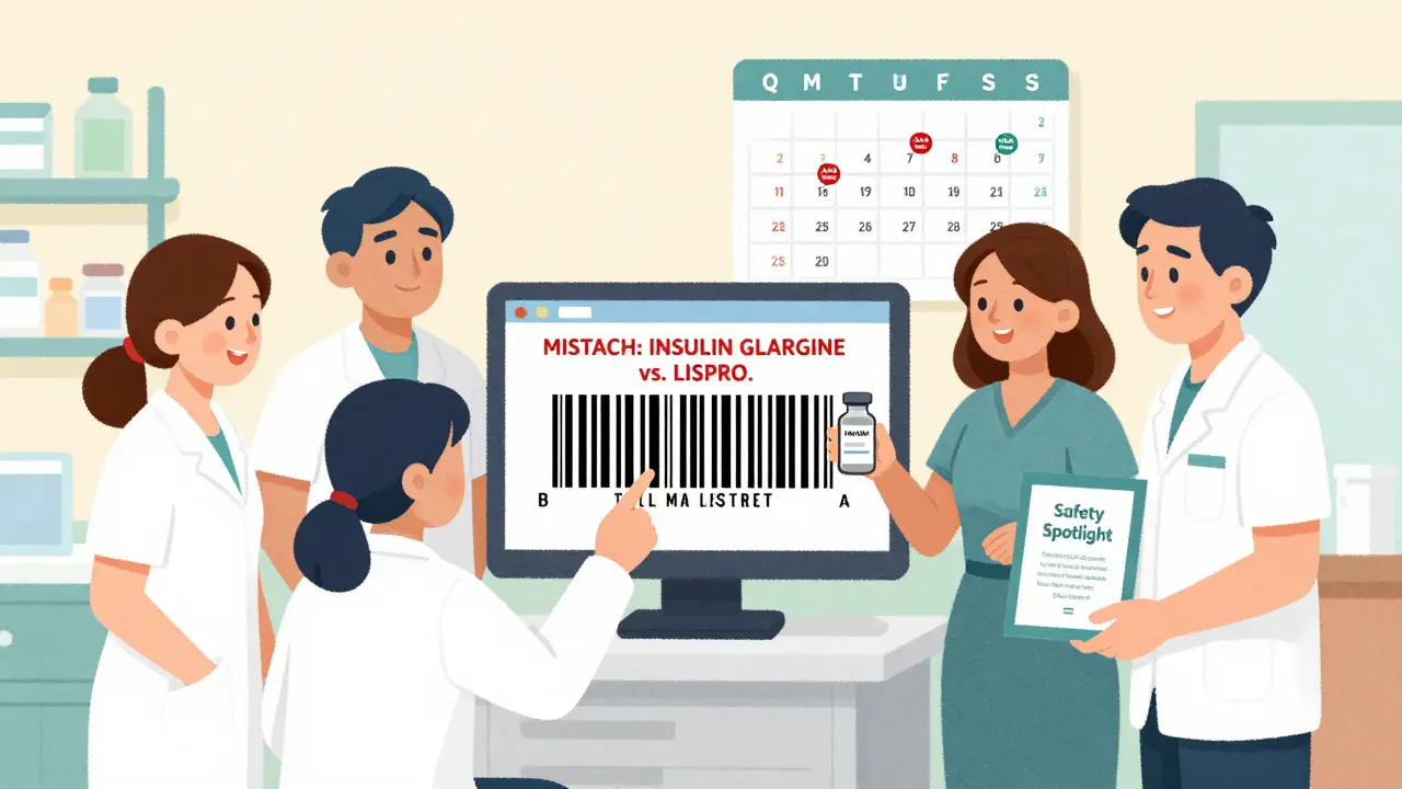 Pharmacy team reviewing a barcode scan alert on a screen, with a safety award visible in a calm, organized workspace.