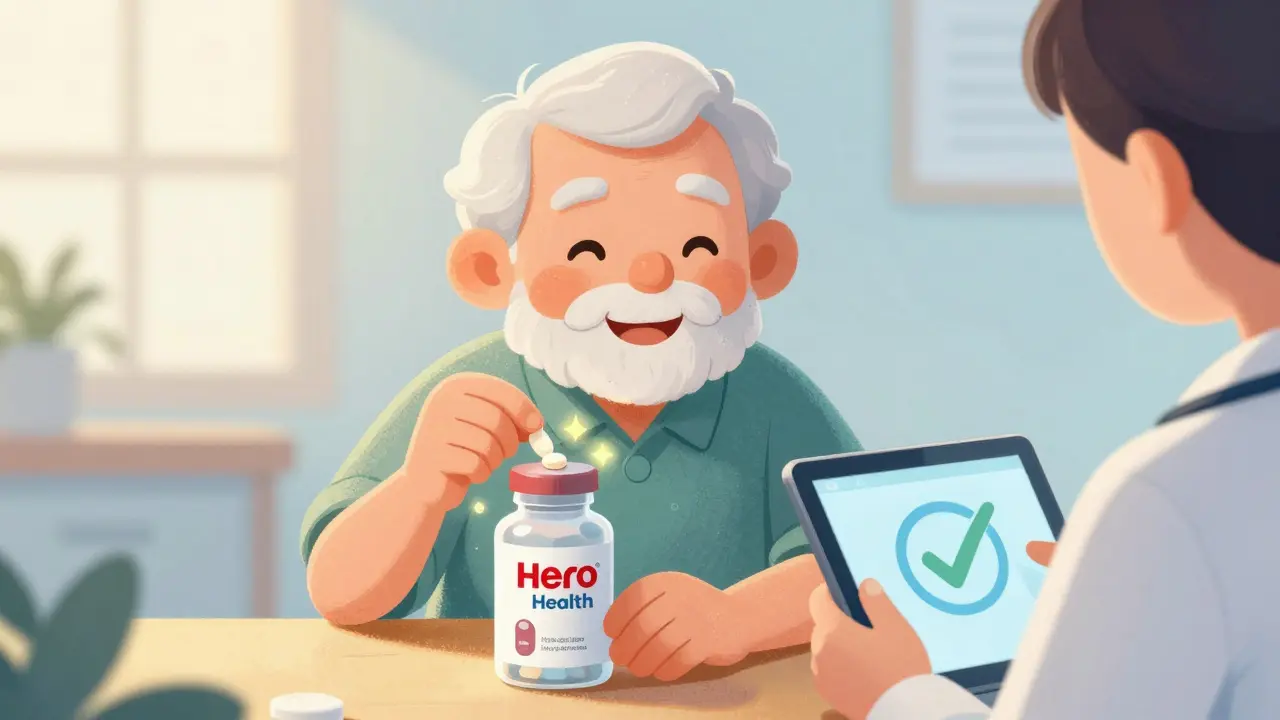 Senior taking pill from smart dispenser with healthcare provider monitoring