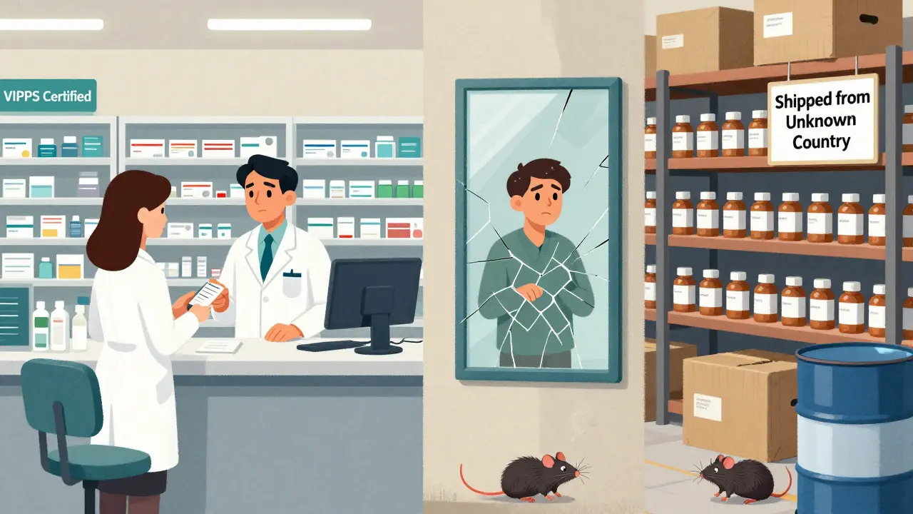 Split scene: clean licensed pharmacy on one side, chaotic illegal warehouse on the other, with a confused customer caught between.