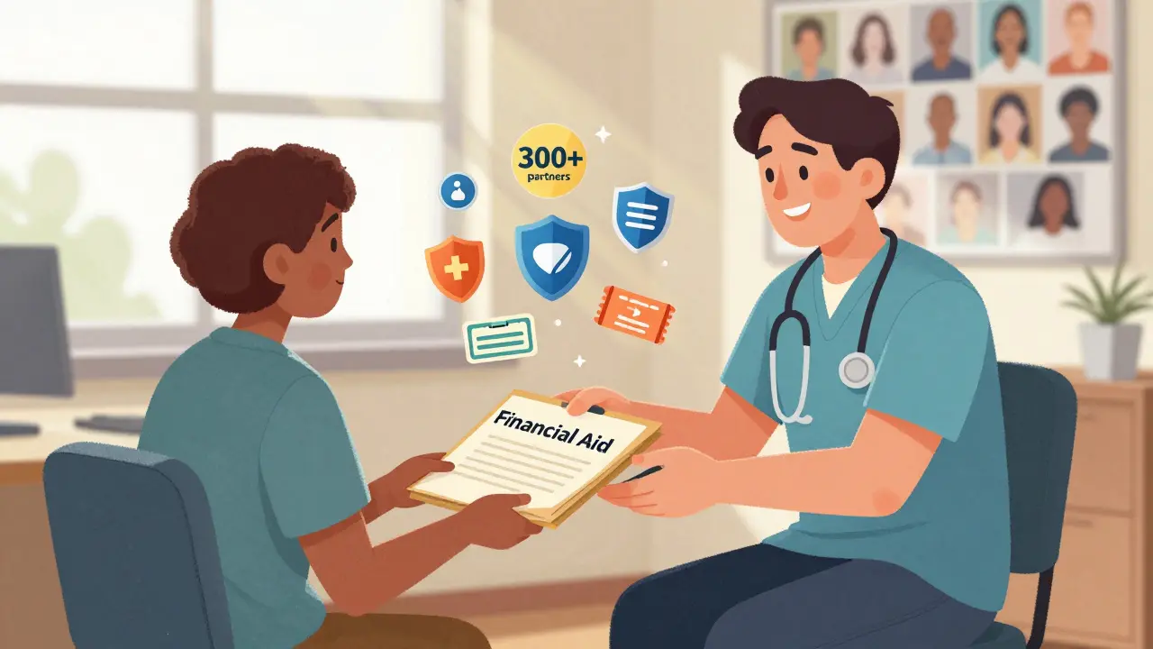 A case manager helps a patient in an office, with icons of pharmaceutical partners and insurance symbols glowing in the background.