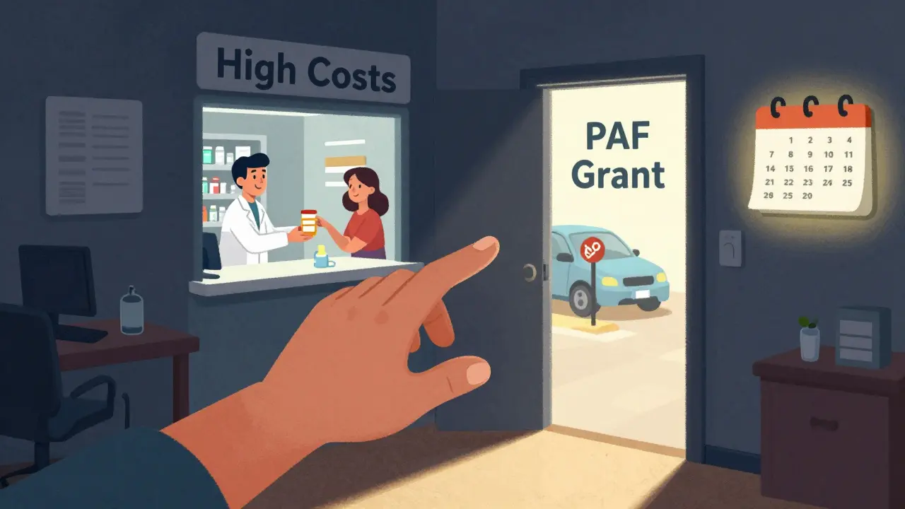 A hand reaches from darkness toward a bright door labeled 'PAF Grant,' leading to a pharmacy and a glowing calendar.