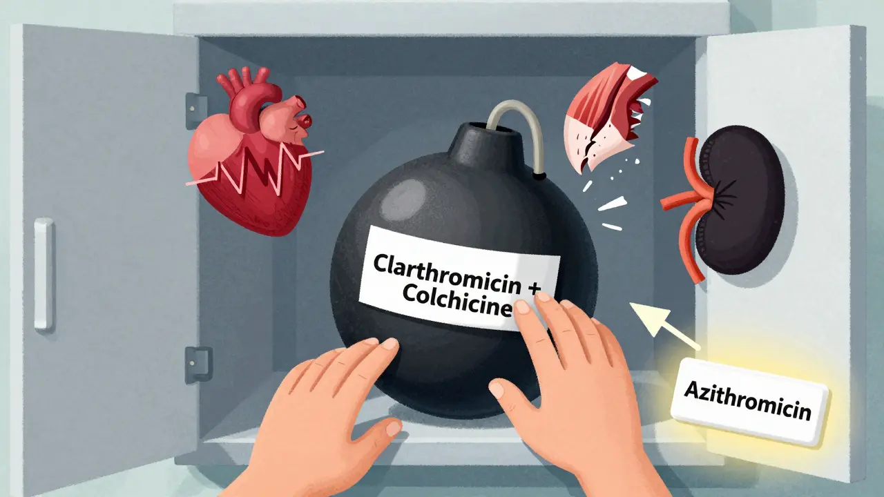 A hidden bomb labeled clarithromycin and colchicine in a medicine cabinet, with symptoms radiating around it.