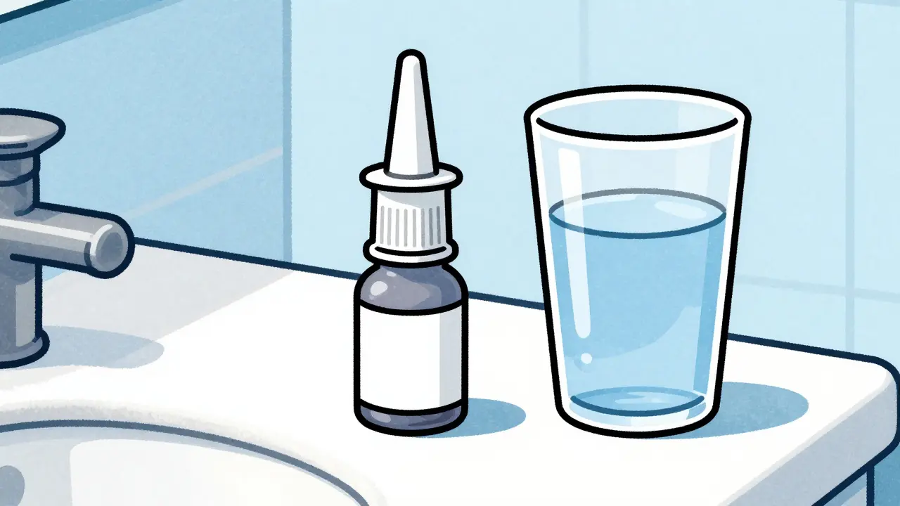 A nasal spray inhaler sitting next to a glass of water on a counter.
