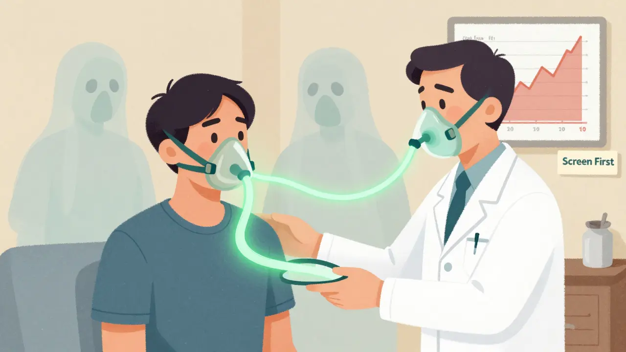A patient receives a CPAP mask as ghostly breathing failures fade away, symbolizing restored oxygen flow.