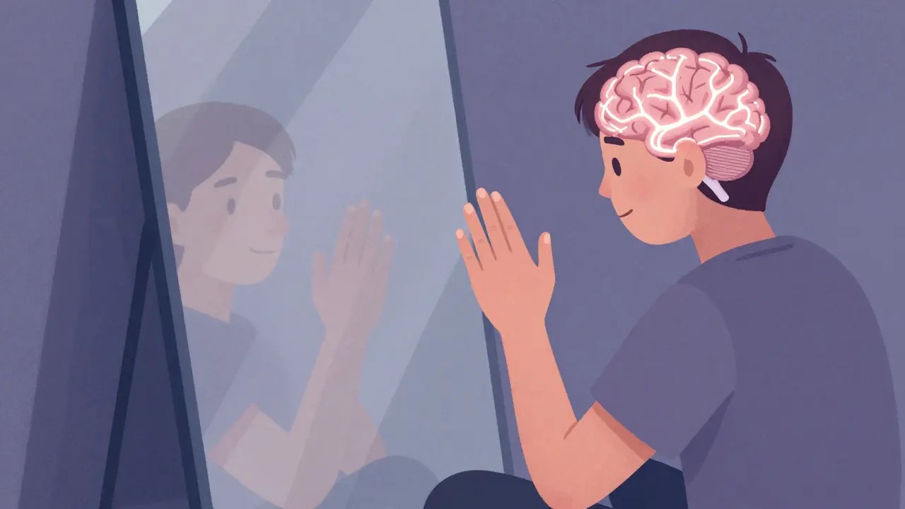 A person using mirror therapy, seeing a reflection of their healthy hand moving as if it were the painful one.