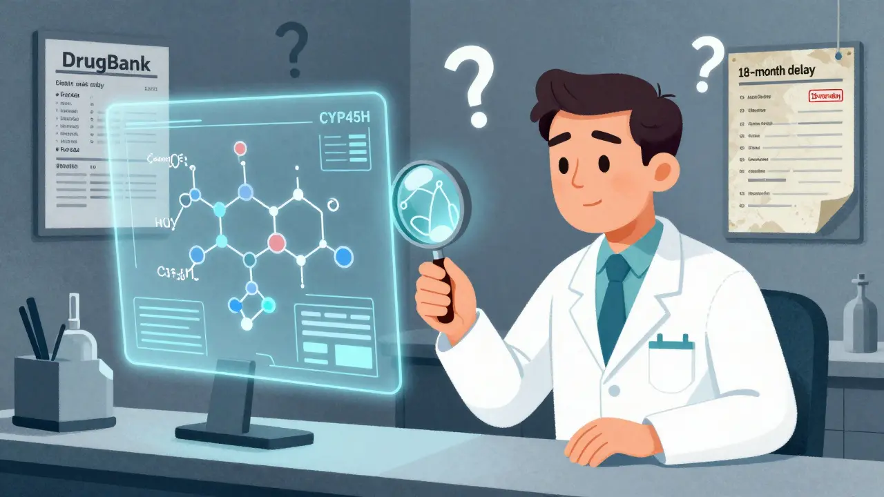 A pharmacist examining detailed biochemical drug interaction data on a screen with genetic and kidney function markers.