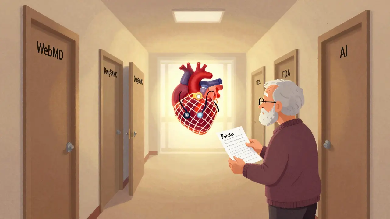 An elderly person holding a handwritten medication list, standing before doors representing unreliable drug checking tools.