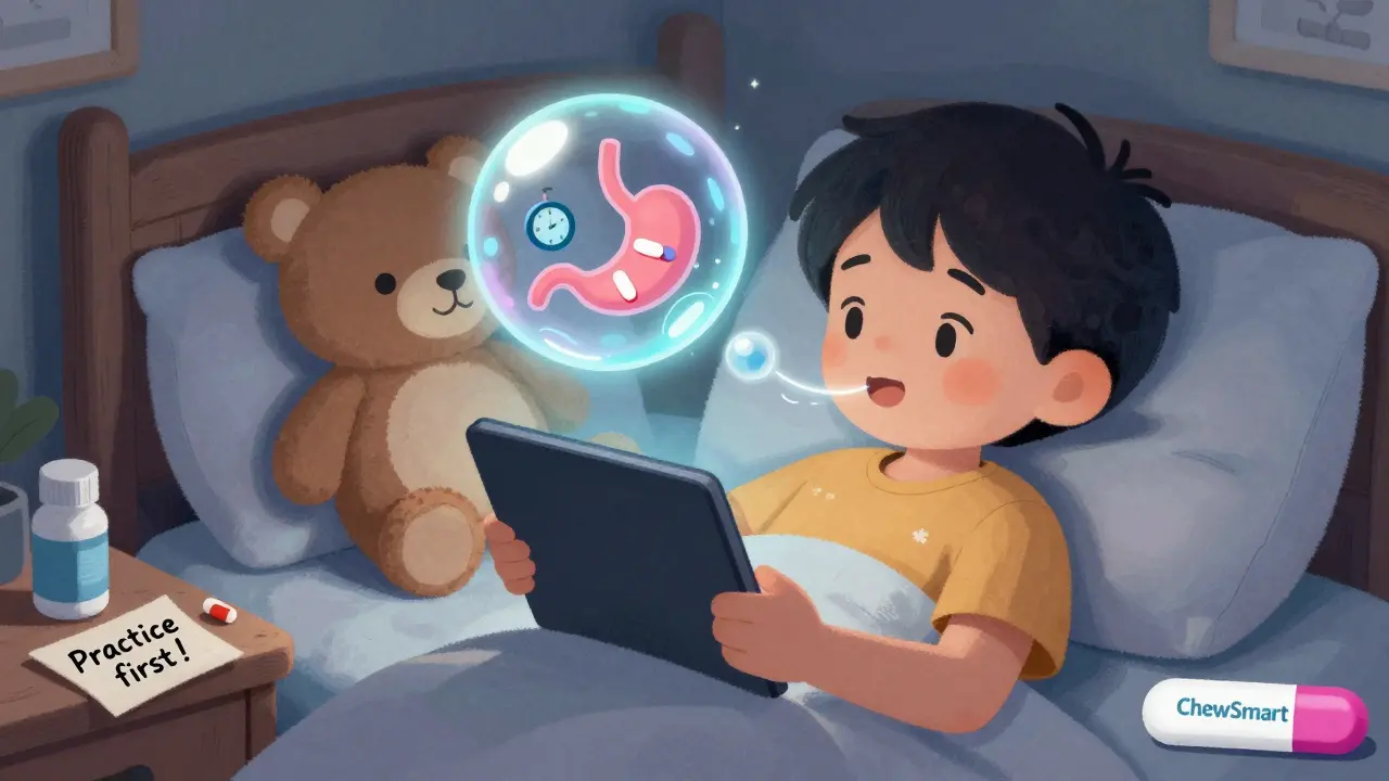Child swallowing tablet with animated medicine dissolving in stomach at night