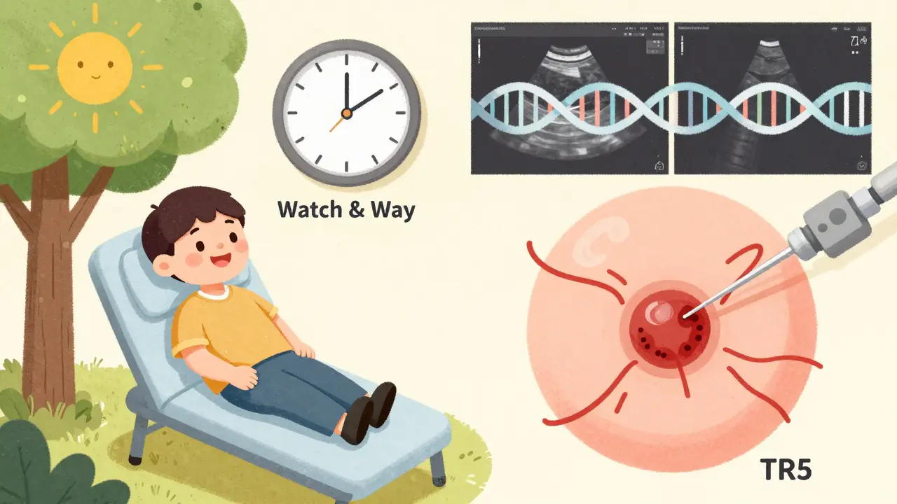 Contrasting scenes of a low-risk thyroid nodule being monitored versus a high-risk nodule undergoing guided biopsy.