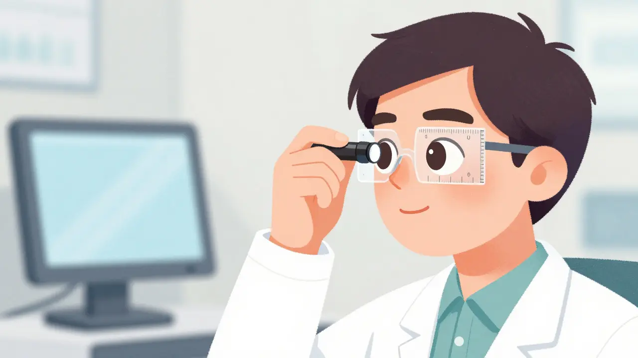 Doctor measuring eyelid height with a ruler during a medical exam.