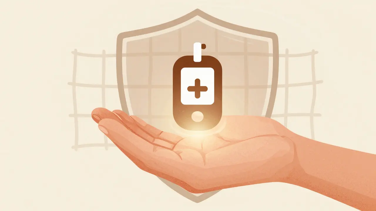 Hand holding a tech icon symbolizing safety and care, textured art.