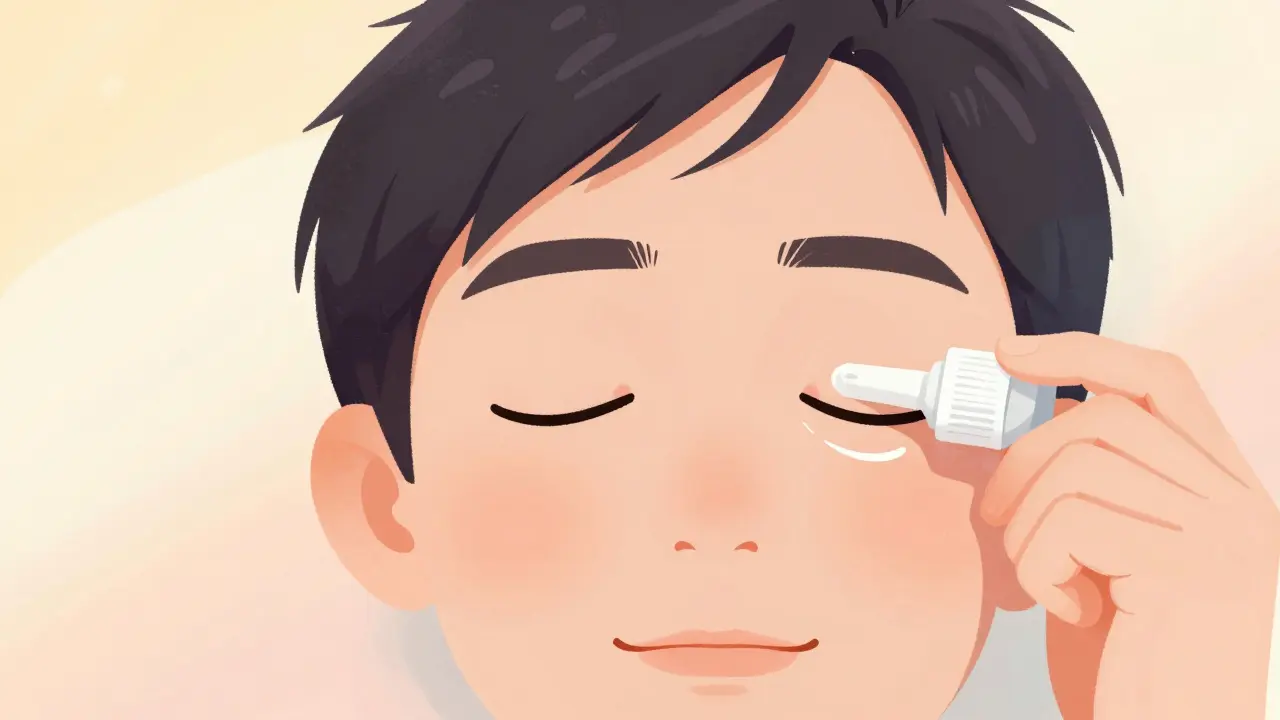 Patient applying eye drops during post-surgery recovery care.
