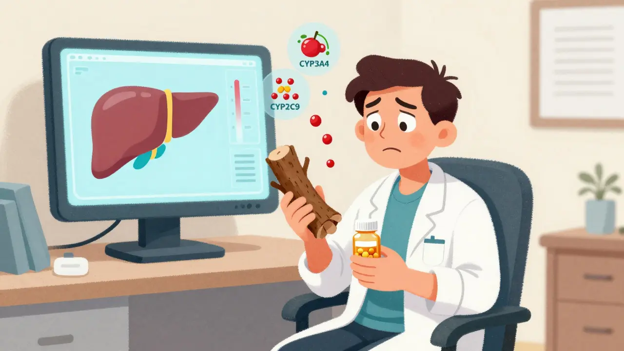 Patient in doctor's office with liver enzyme monitor and blocked enzymes floating nearby.