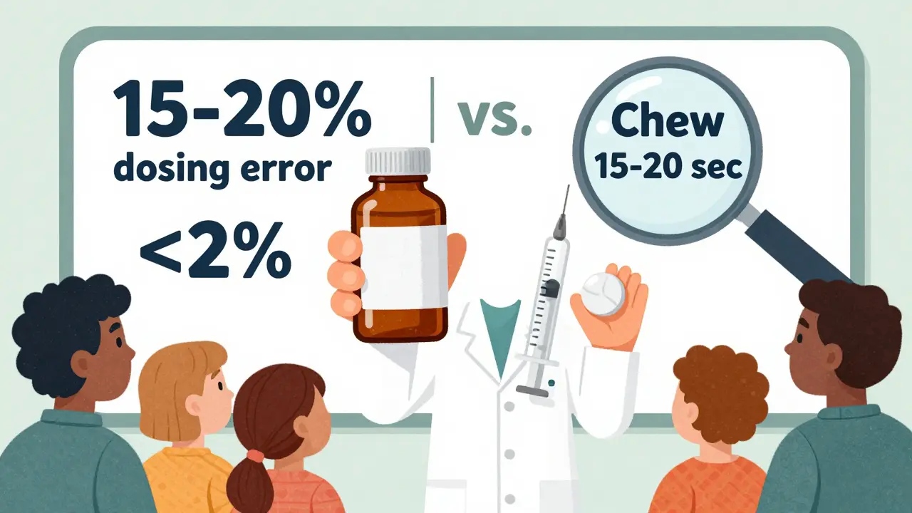Pharmacist comparing liquid medicine bottle and chewable tablet with dosing stats
