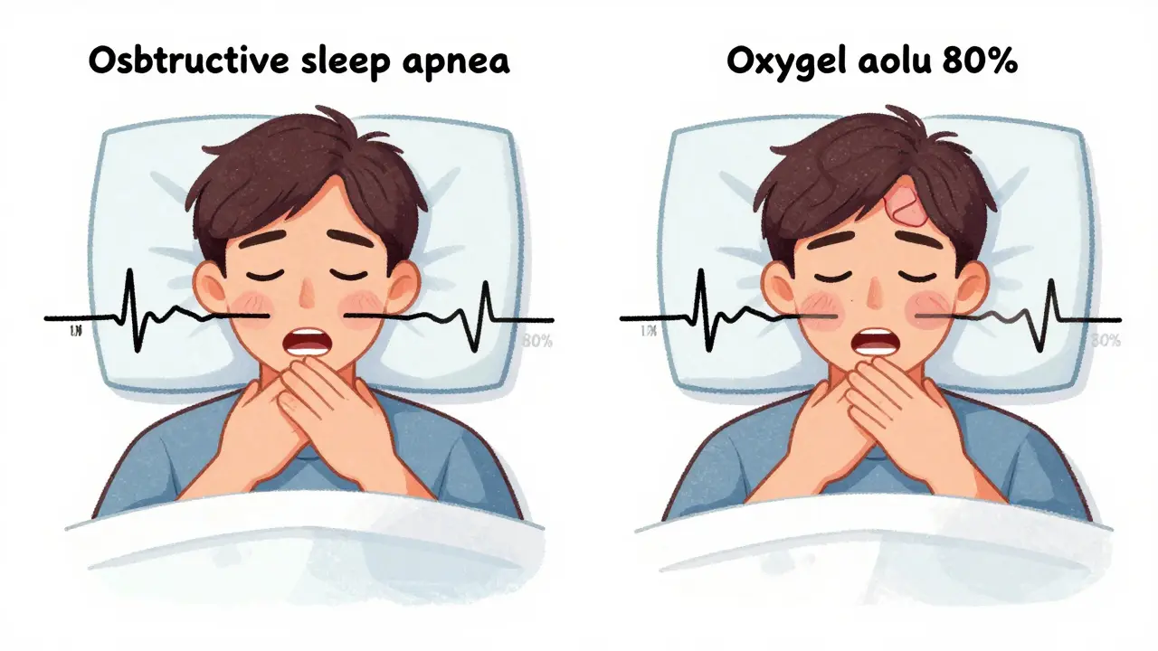 Side-by-side comparison of sleep apnea with and without opioid use, showing airway collapse and brainstem suppression.