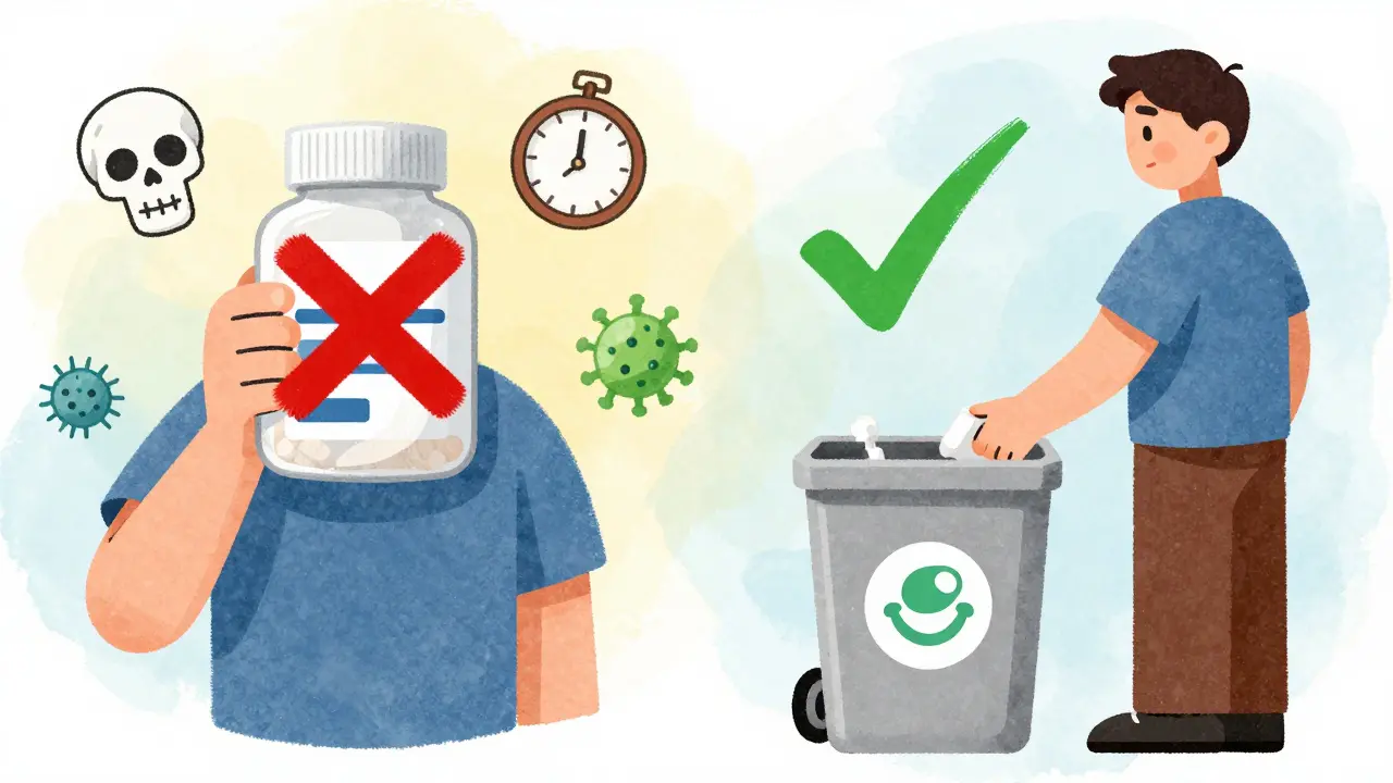 Split scene: expired products being discarded safely vs. dangerous use.