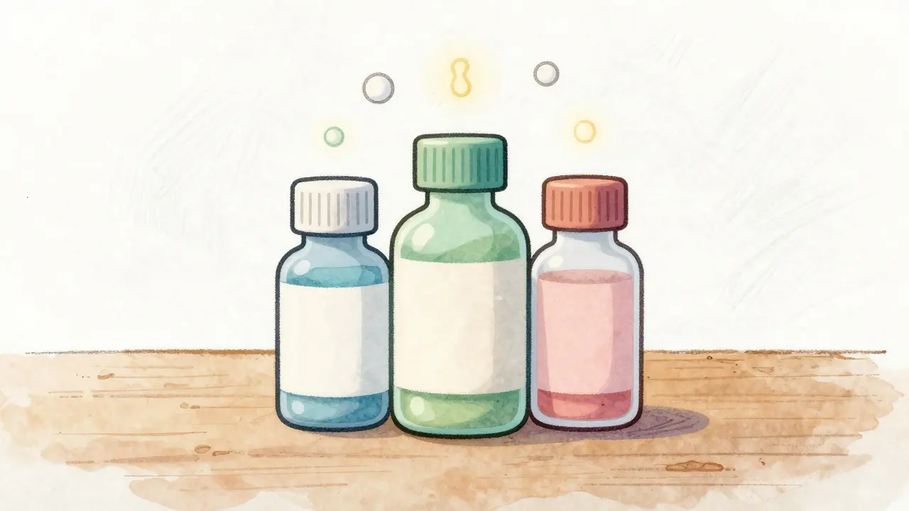 Three colorful medicine bottles clustered together without brand labels.