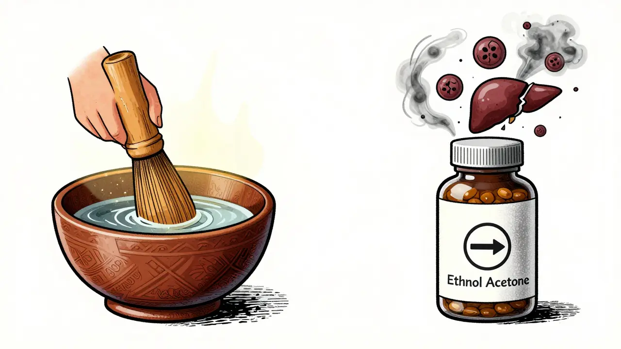 Traditional water-based kava vs. solvent-extracted supplement, showing contrasting safety risks.