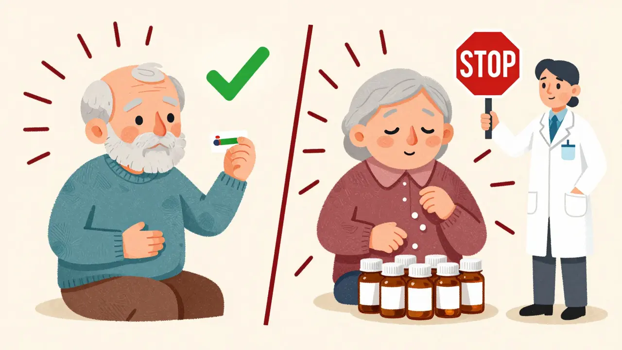 Two elderly patients: one safe with azithromycin, the other at risk with multiple interacting medications.