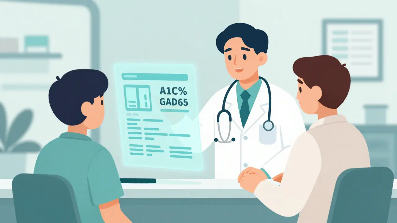 A doctor and patient reviewing diagnostic A1C and antibody results in a clinic.