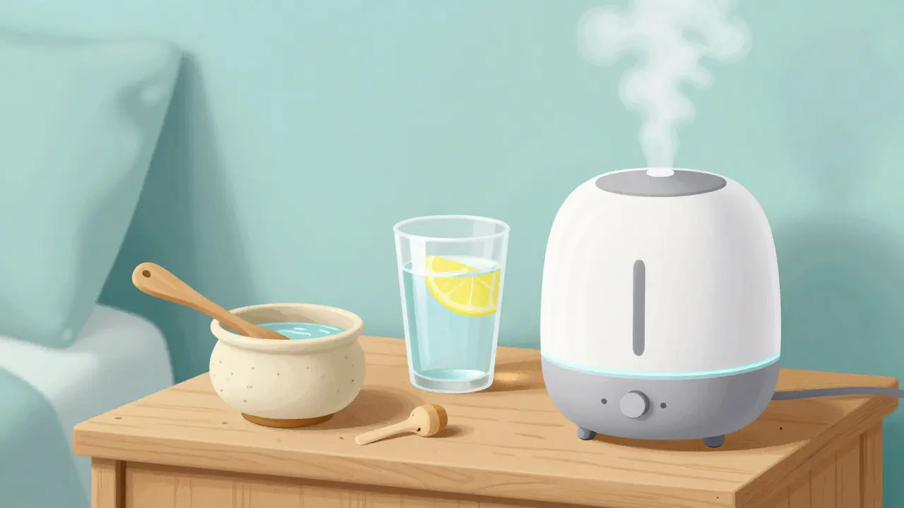 A neti pot, glass of water, and humidifier on a bedside table for sinus relief.