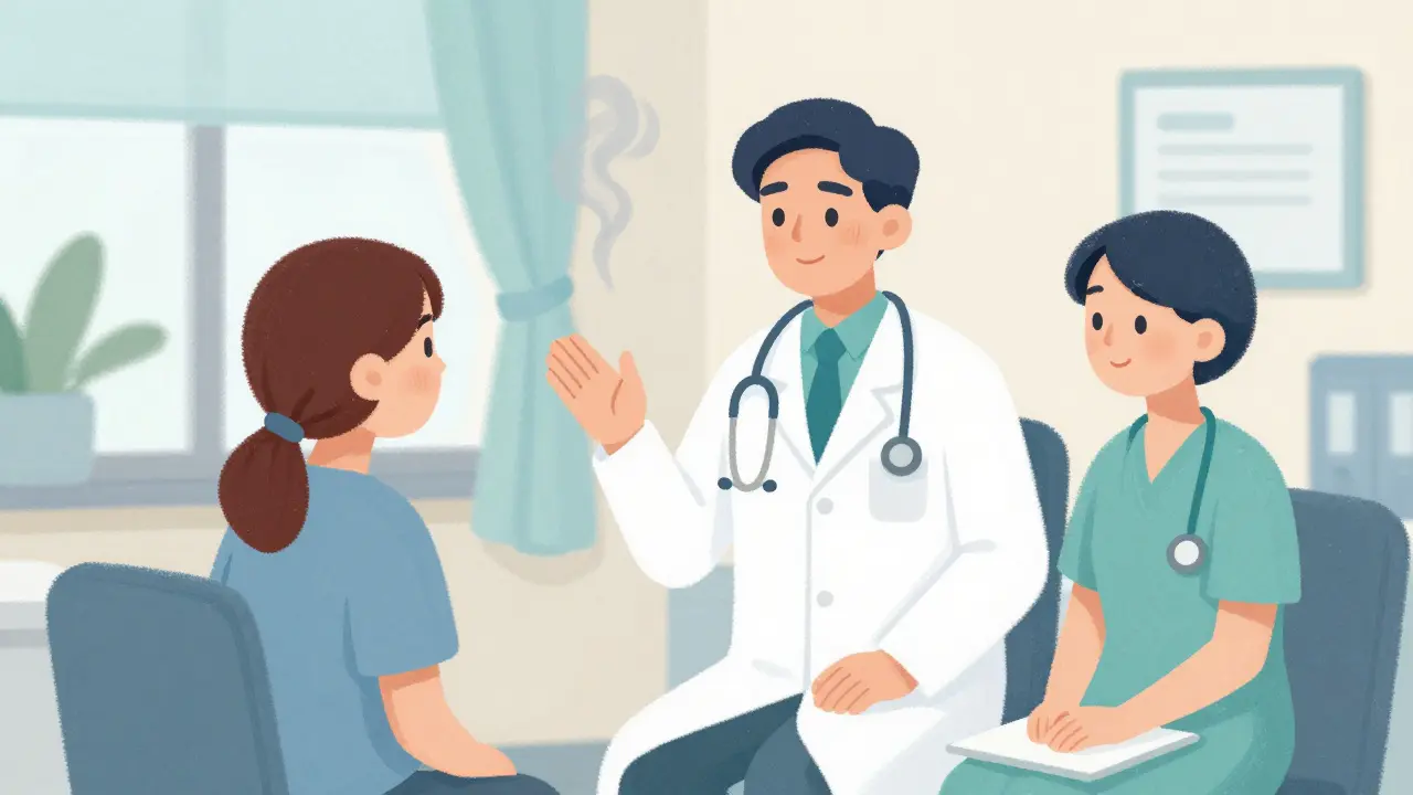 A patient talking with a doctor and caregiver in a bright, calming room as symptoms fade.