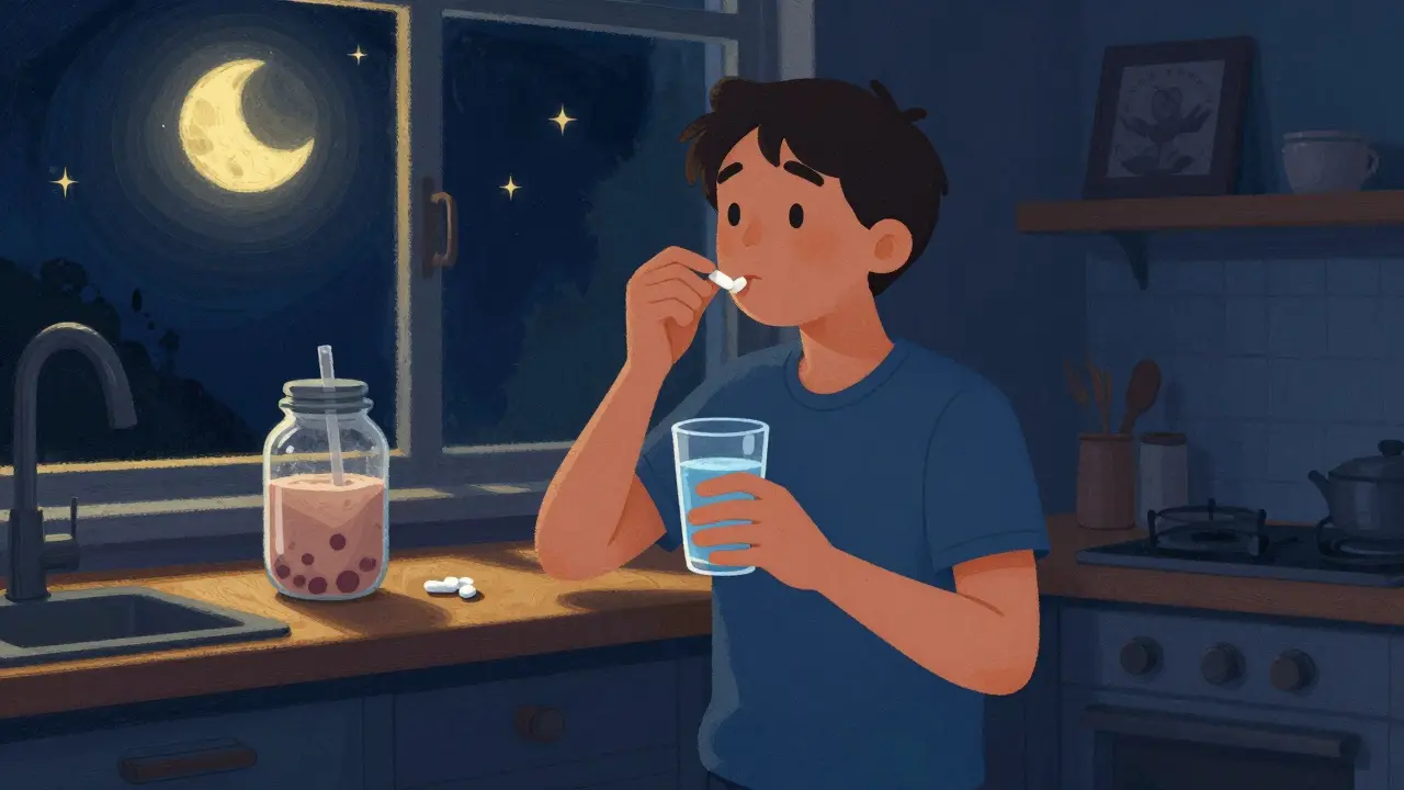 A person taking thyroid medication at night by a window with the moon visible.