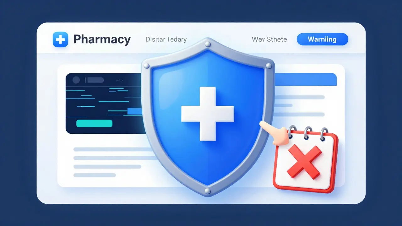 A secure digital pharmacy interface protected by a glowing shield against scam websites