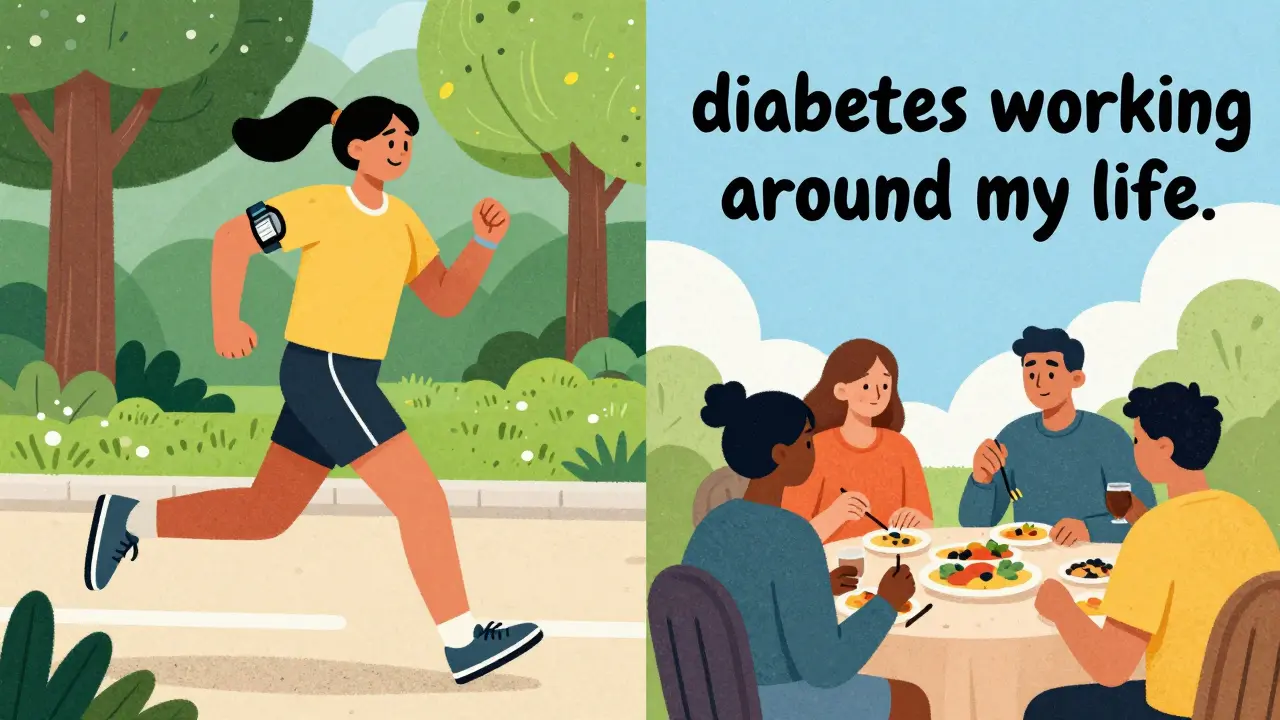 Active person exercising and eating with friends, showing the freedom provided by AID systems.