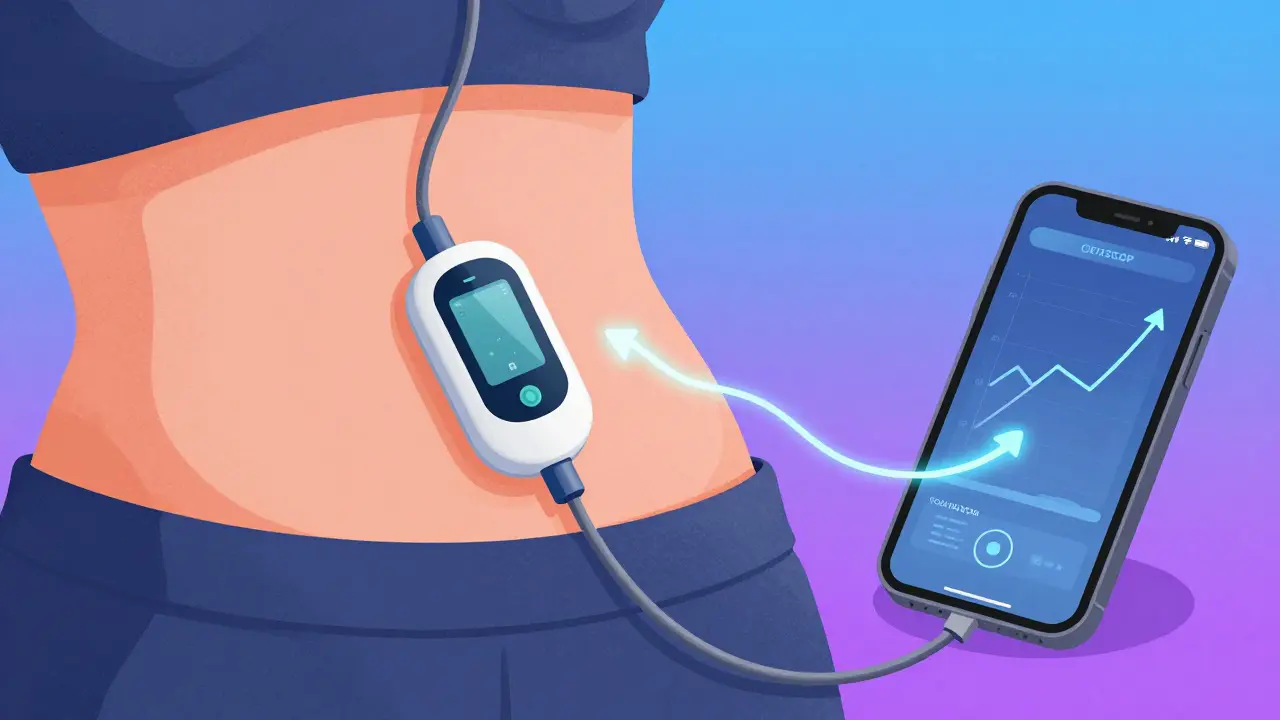 Close-up of an insulin pump and CGM sensor connected to a smartphone displaying glucose trends.