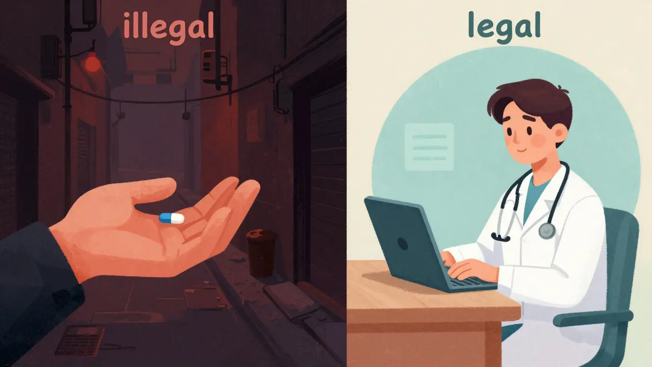 Comparison between a dangerous illegal pill sale and a professional telehealth medical consultation