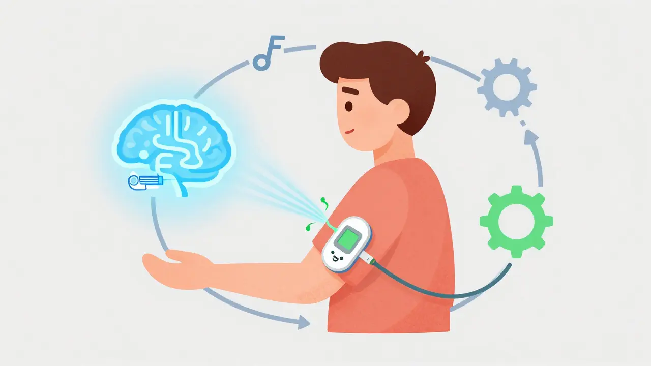Conceptual illustration of a CGM, algorithm, and insulin pump working in a feedback loop.
