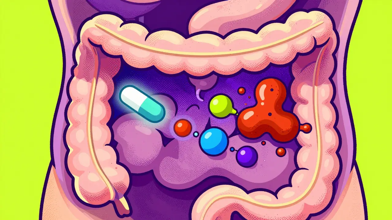 Conceptual illustration of calcium and iron molecules blocking a thyroid pill in the small intestine.