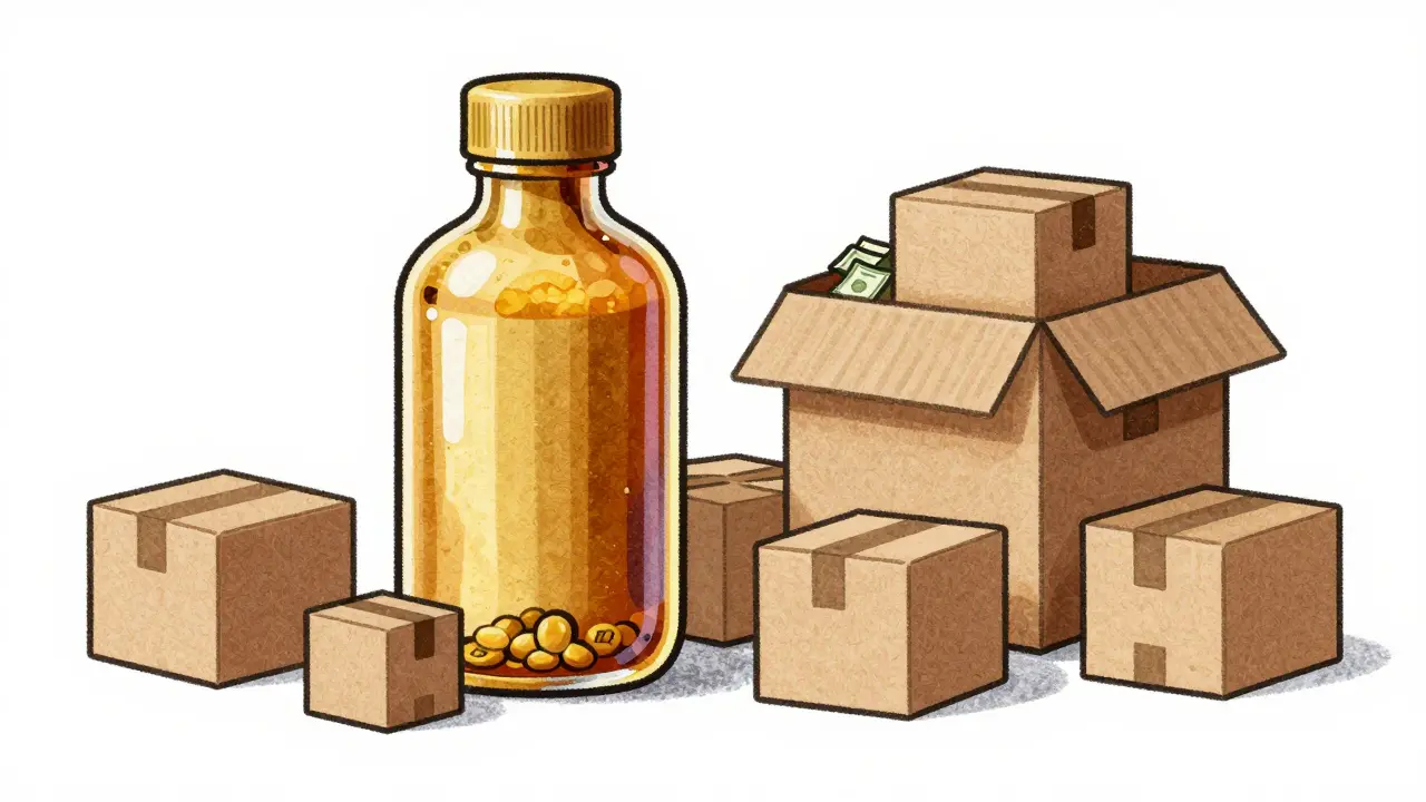 Gold bottle versus simple boxes illustrating pharmaceutical price differences.
