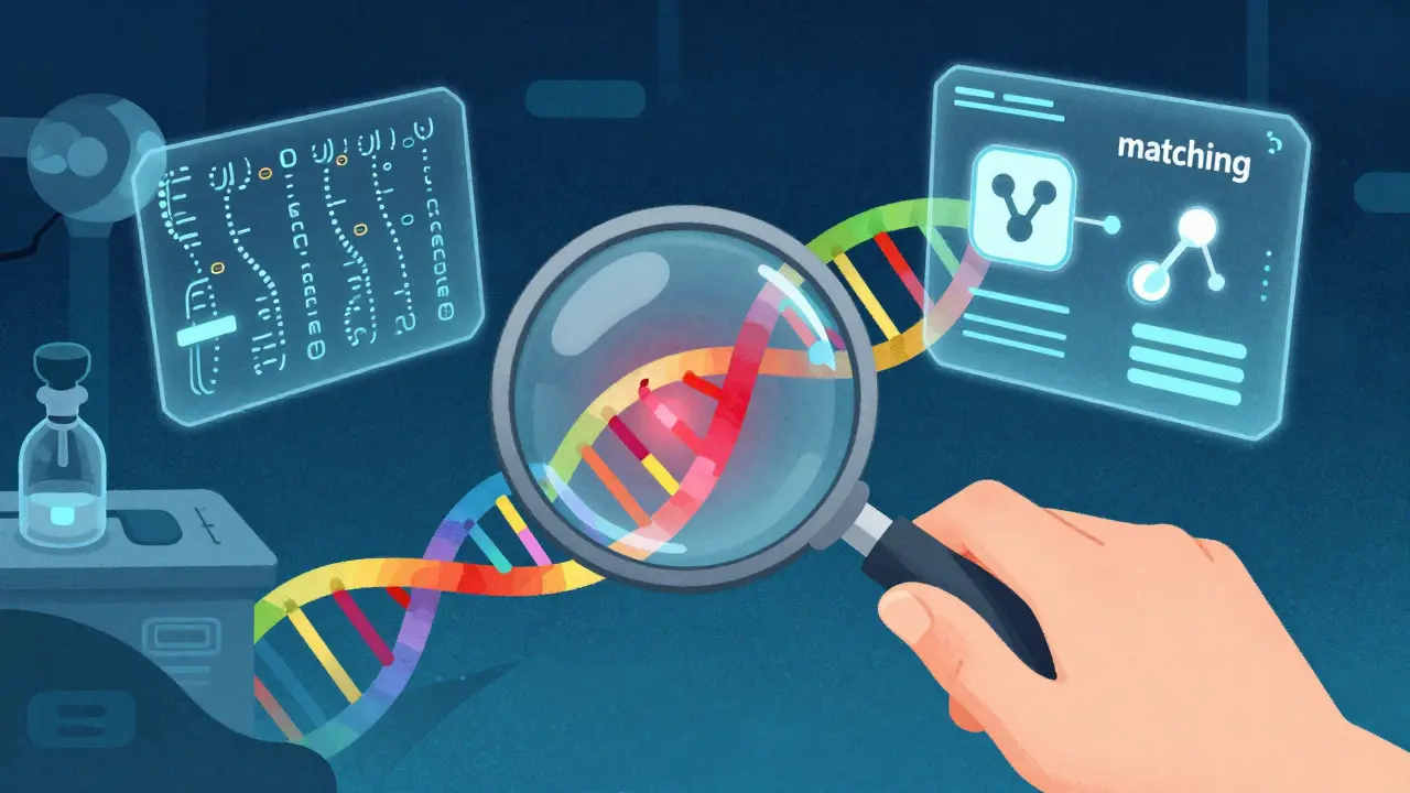 Illustration of a DNA helix being scanned to find a specific genetic mutation for targeted therapy.