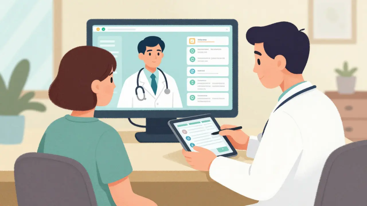 Illustration of a patient coordinating care between an overseas doctor and a local physician.