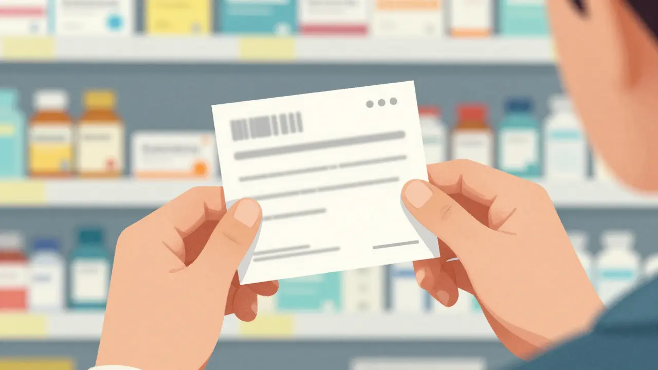 Illustration of a person holding a foreign prescription in a pharmacy, looking confused.