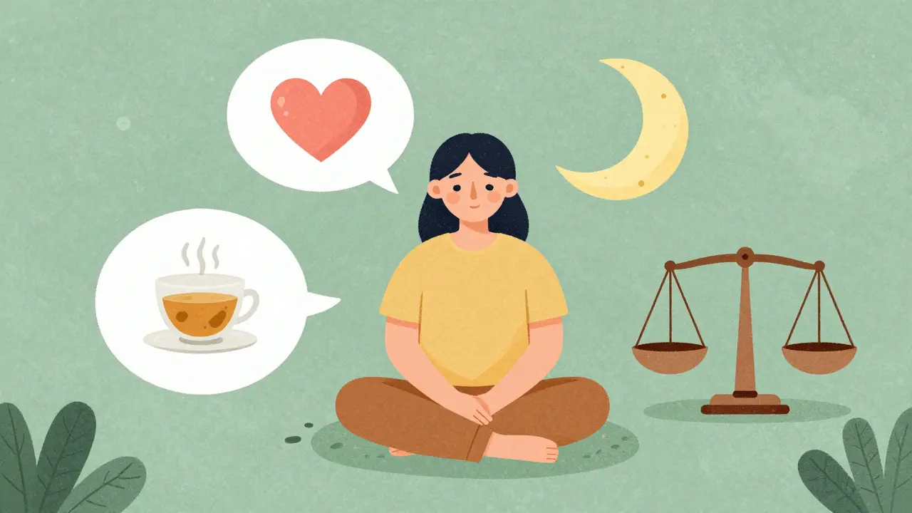 Person surrounded by symbols of therapy, healthy sleep, and wellness for anxiety management